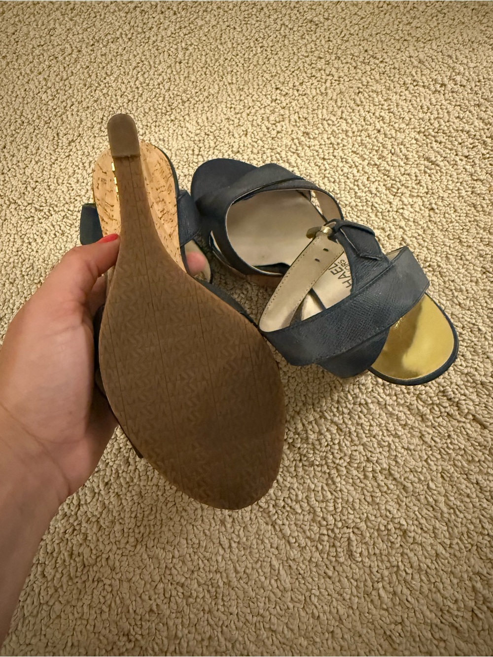 Michael Kors Navy Leather Wedge Sandals with Cork Heel - Picture 7 of 7